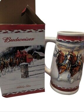 Budweiser Red White Holiday Clydesdale Ceramic Stein with Box